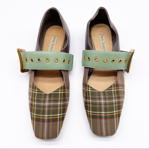 Beau Today Plaid Belt Square Toe Flat Loafers Brown Green Size 37 - Picture 2 of 11